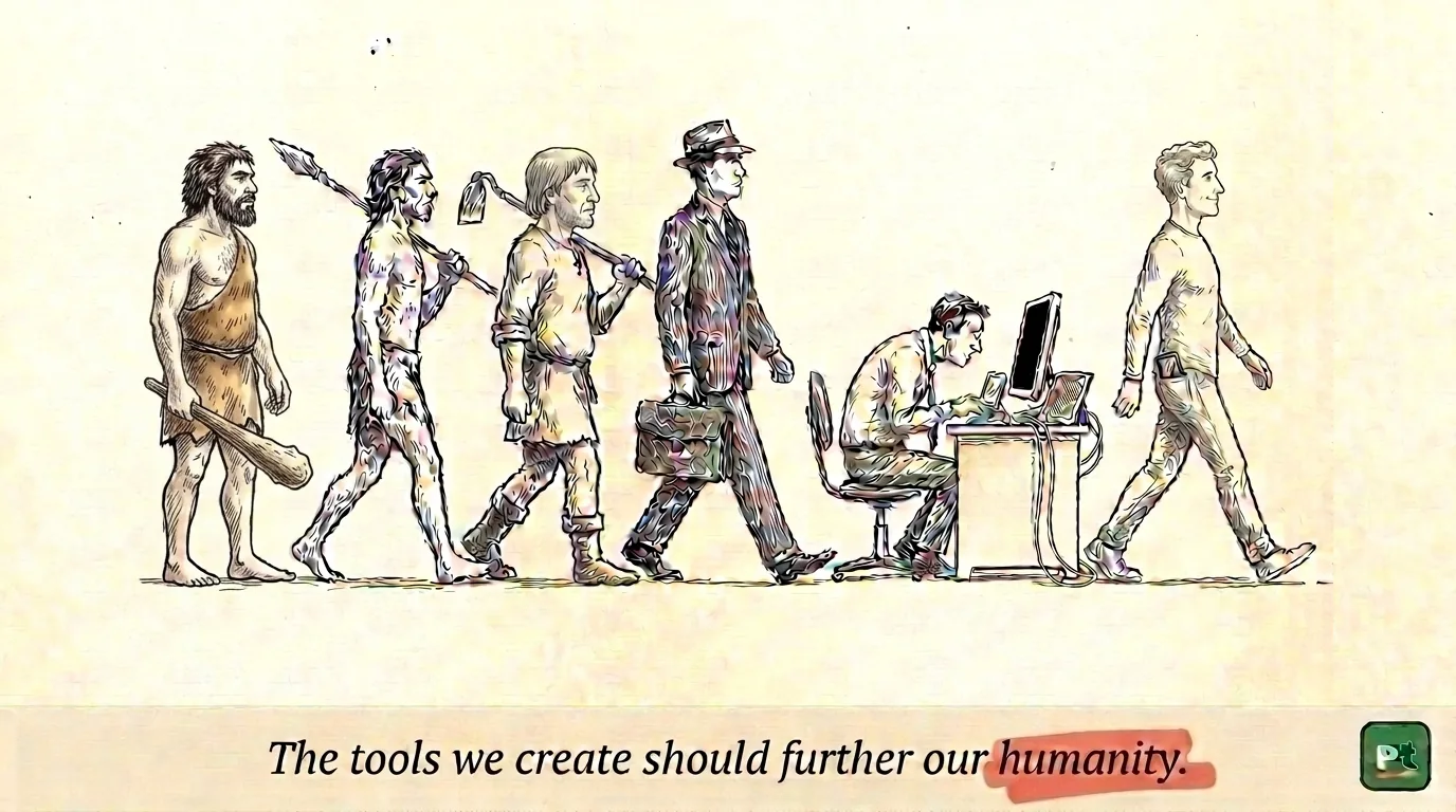 The evolution of tools: from the club to the desk — and a figure walking away from the computer, into the rest of life. Captioned: The tools we create should further our humanity.